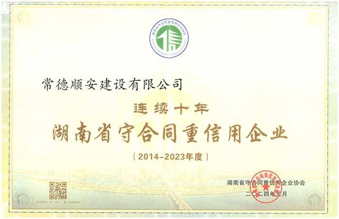 2014-2023年度连续十年湖南省守重企业