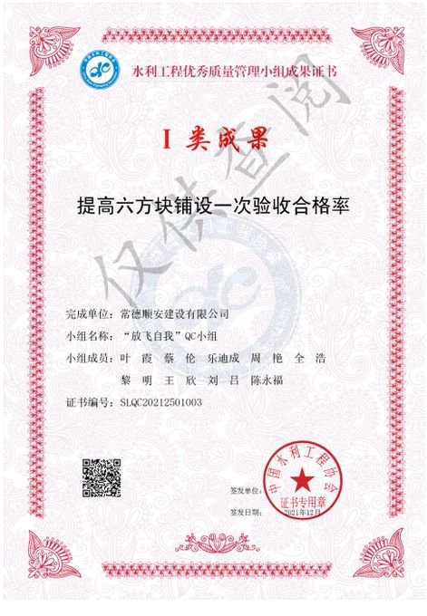 水利工程优秀质量管理小组成果证书