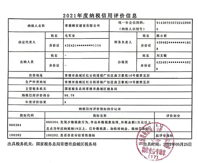 2021年度纳税信用评价A级