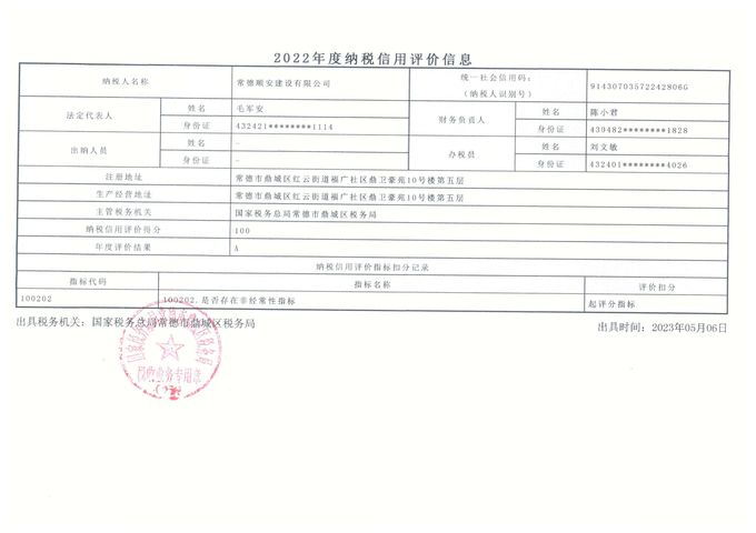 2022年度企业税务信用评价A级
